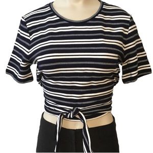 CLUB MONACO sz Medium Top Short Sleeves Stripes Wrap Tie Waist Crop Navy White